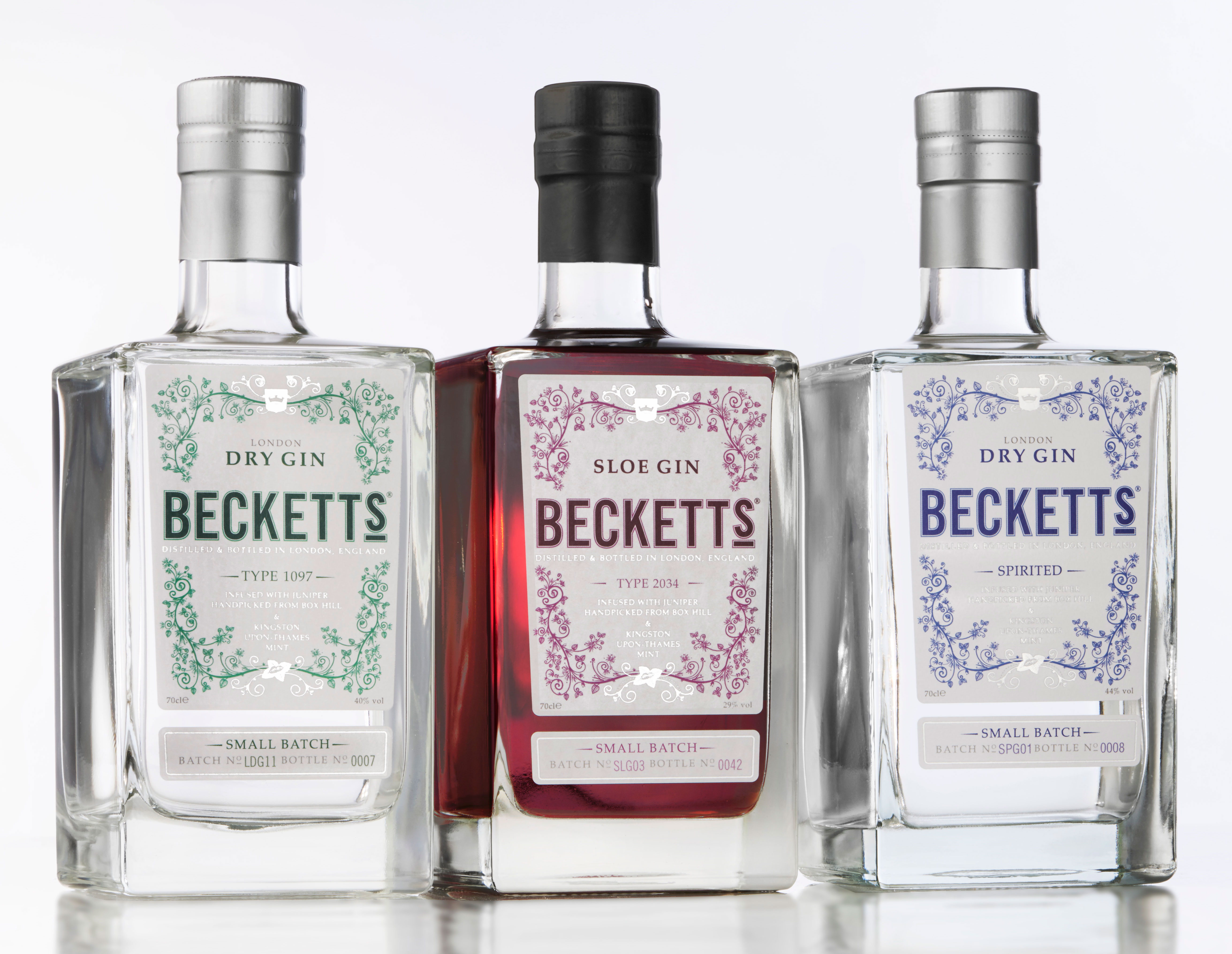 Becketts Gin bottles Spirited, Sloe Gin and London Gin on a white background